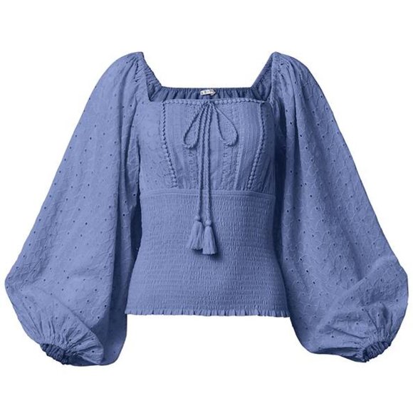 Venus light blue Top Smocked Eyelet Tassel, Plus Size, 3X - Picture 4 of 4